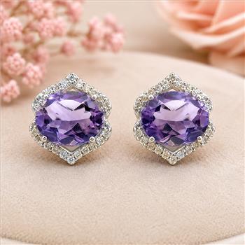 925 Sterling Silver 5.06 Ct Oval Amethyst White Zircon Earrings