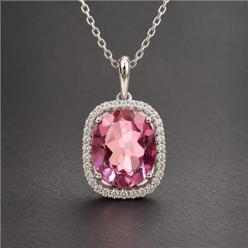 925 Sterling Silver 5.06 Ct Oval Pink Topaz White Zircon Pendant