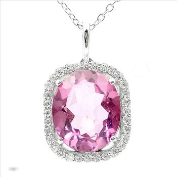 925 Sterling Silver 5.06 Ct Oval Pink Topaz White Zircon Pendant