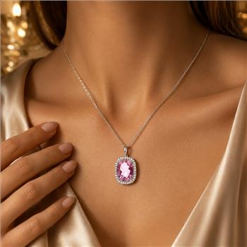 925 Sterling Silver 5.06 Ct Oval Pink Topaz White Zircon Pendant