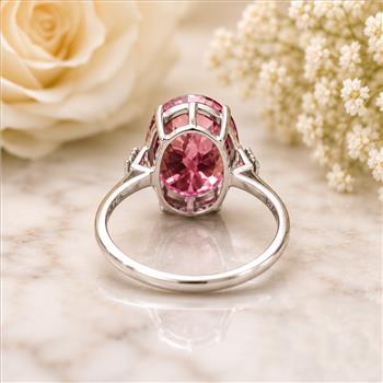 925 Sterling Silver 5.10 Ct Oval Pink Topaz White Zircon Ring 7 US Ring Size