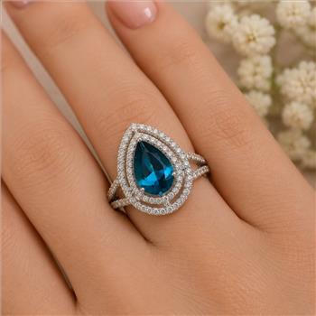 925 Sterling Silver 5.40 Ct Pear Paraiba Topaz Cubic Zirconia Ring 7 US Ring Size