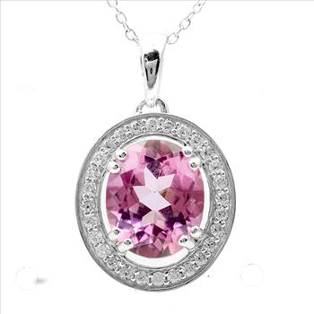 925 Sterling Silver 5.64 Ct Oval Pink Topaz White Zircon Pendant