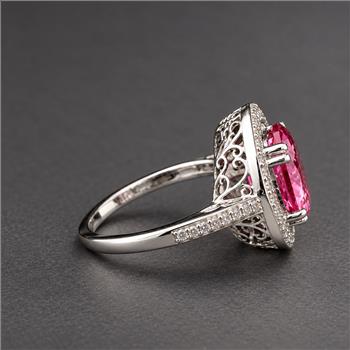 925 Sterling Silver 5.72 Ct Oval Pink Topaz White Zircon Ring 7 US Ring Size