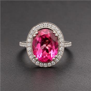 925 Sterling Silver 5.72 Ct Oval Pink Topaz White Zircon Ring 7 US Ring Size