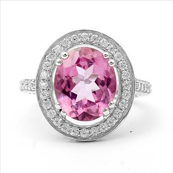 925 Sterling Silver 5.72 Ct Oval Pink Topaz White Zircon Ring 7 US Ring Size