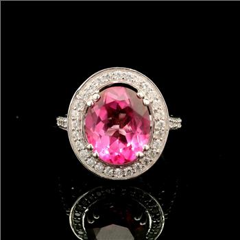 925 Sterling Silver 5.72 Ct Oval Pink Topaz White Zircon Ring 7 US Ring Size