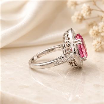 925 Sterling Silver 5.72 Ct Oval Pink Topaz White Zircon Ring 7 US Ring Size