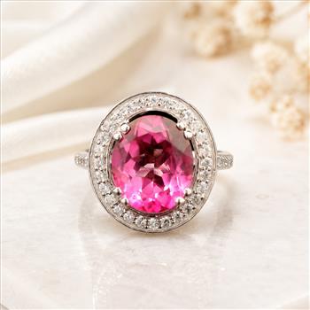 925 Sterling Silver 5.72 Ct Oval Pink Topaz White Zircon Ring 7 US Ring Size