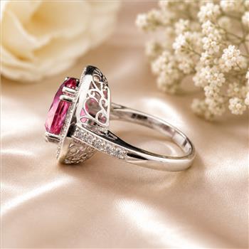 925 Sterling Silver 5.72 Ct Oval Pink Topaz White Zircon Ring 7 US Ring Size