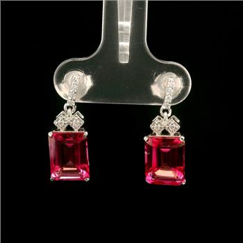 925 Sterling Silver 5.78 Ct Octagon Pink Topaz White Zircon Earrings