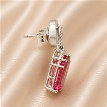 925 Sterling Silver 5.78 Ct Octagon Pink Topaz White Zircon Earrings