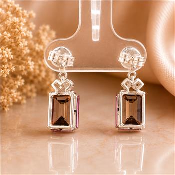 925 Sterling Silver 5.78 Ct Octagon Pink Topaz White Zircon Earrings
