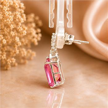 925 Sterling Silver 5.78 Ct Octagon Pink Topaz White Zircon Earrings
