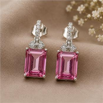 925 Sterling Silver 5.78 Ct Octagon Pink Topaz White Zircon Earrings