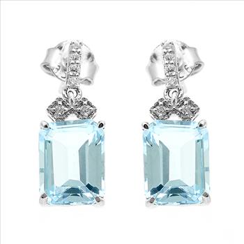 925 Sterling Silver 5.90 Ct Octagon Blue Topaz White Zircon Earrings