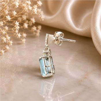925 Sterling Silver 5.90 Ct Octagon Blue Topaz White Zircon Earrings