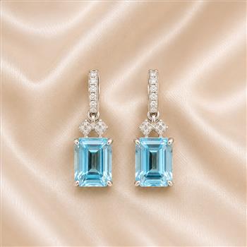 925 Sterling Silver 5.90 Ct Octagon Blue Topaz White Zircon Earrings
