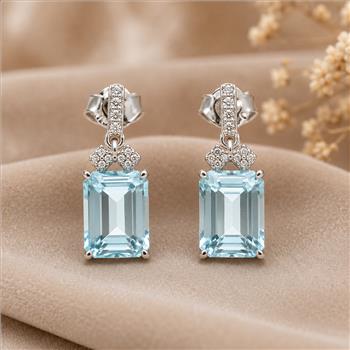 925 Sterling Silver 5.90 Ct Octagon Blue Topaz White Zircon Earrings