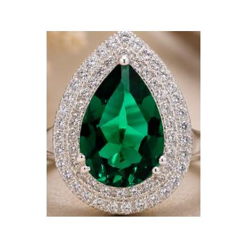 925 Sterling Silver 6.11 Ct Pear Created Emerald Cubic Zirconia Ring 5 US Ring Size