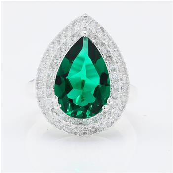925 Sterling Silver 6.11 Ct Pear Created Emerald Cubic Zirconia Ring 5 US Ring Size