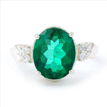 925 Sterling Silver 6.28 Ct Oval Green Topaz Cubic Zirconia Ring 7 US Ring Size
