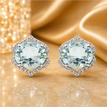 925 Sterling Silver 6.39 Ct Oval Blue Topaz White Zircon Earrings