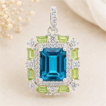 925 Sterling Silver 6.41 Ct Octagon Paraiba Topaz Peridot Cubic Zirconia Pendant