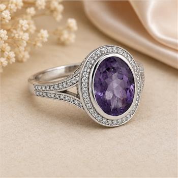 925 Sterling Silver 6.58 Ct Oval Amethyst Cubic Zirconia Ring