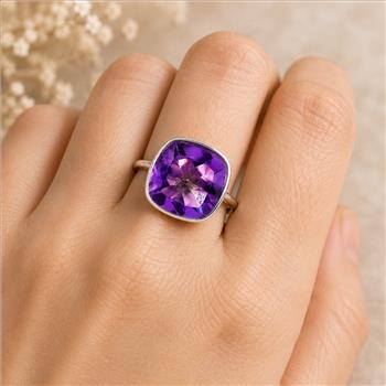 925 Sterling Silver 6.65 Ct Cushion Amethyst Ring 7 US Ring Size