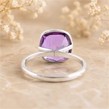 925 Sterling Silver 6.65 Ct Cushion Amethyst Ring 7 US Ring Size