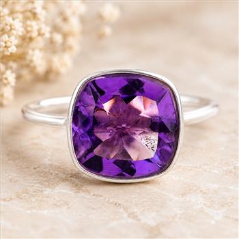 925 Sterling Silver 6.65 Ct Cushion Amethyst Ring 7 US Ring Size