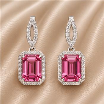 925 Sterling Silver 6.91 Ct Octagon Pink Topaz White Zircon Earrings