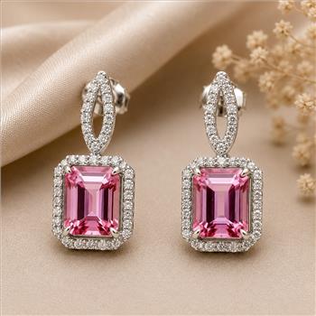 925 Sterling Silver 6.91 Ct Octagon Pink Topaz White Zircon Earrings