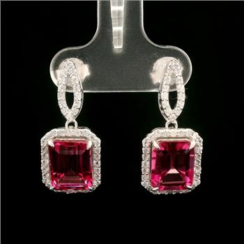 925 Sterling Silver 6.91 Ct Octagon Pink Topaz White Zircon Earrings