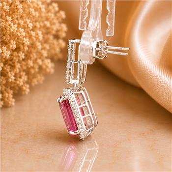 925 Sterling Silver 6.91 Ct Octagon Pink Topaz White Zircon Earrings