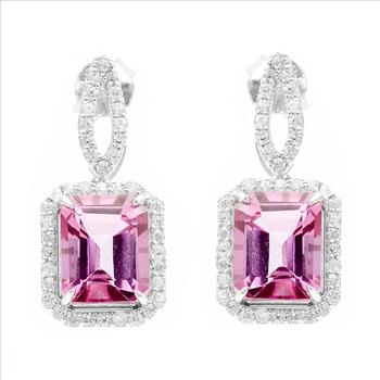 925 Sterling Silver 6.91 Ct Octagon Pink Topaz White Zircon Earrings