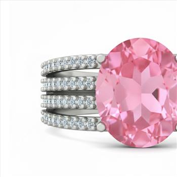 925 Sterling Silver 6.91 Ct Oval Pink Topaz White Zircon Ring 7 US Ring Size