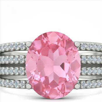 925 Sterling Silver 6.91 Ct Oval Pink Topaz White Zircon Ring 7 US Ring Size