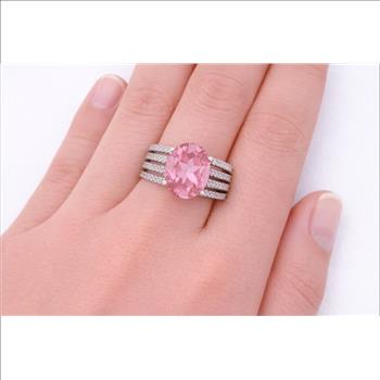 925 Sterling Silver 6.91 Ct Oval Pink Topaz White Zircon Ring 7 US Ring Size
