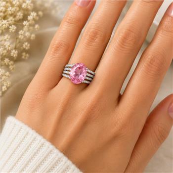 925 Sterling Silver 6.91 Ct Oval Pink Topaz White Zircon Ring 7 US Ring Size