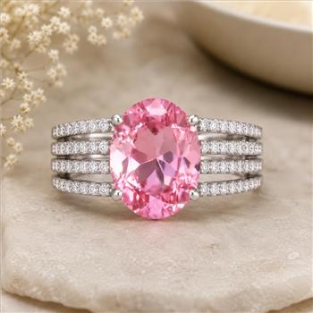 925 Sterling Silver 6.91 Ct Oval Pink Topaz White Zircon Ring 7 US Ring Size