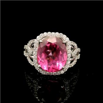 925 Sterling Silver 7.18 Ct Oval Pink Topaz White Zircon Ring 7 US Ring Size