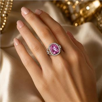 925 Sterling Silver 7.18 Ct Oval Pink Topaz White Zircon Ring 7 US Ring Size