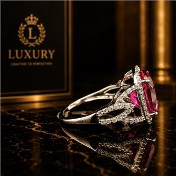 925 Sterling Silver 7.18 Ct Oval Pink Topaz White Zircon Ring 7 US Ring Size