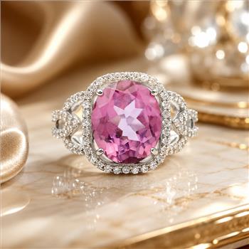 925 Sterling Silver 7.18 Ct Oval Pink Topaz White Zircon Ring 7 US Ring Size