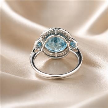 925 Sterling Silver 7.35 Ct Round Blue Topaz White Zircon Ring 7 US Ring Size