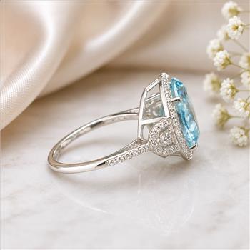 925 Sterling Silver 7.35 Ct Round Blue Topaz White Zircon Ring 7 US Ring Size