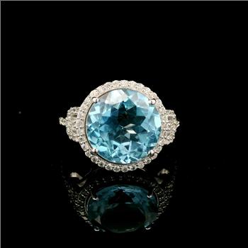 925 Sterling Silver 7.35 Ct Round Blue Topaz White Zircon Ring