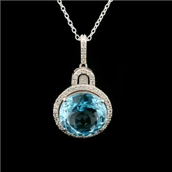 925 Sterling Silver 7.98 Ct Round Blue Topaz White Zircon Pendant